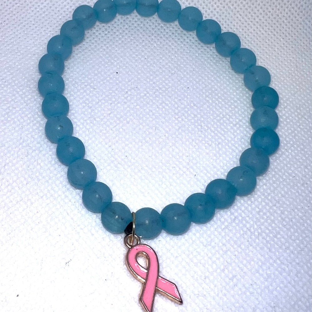Pink Ribbon Charm Blue Beaded Bracelet‎